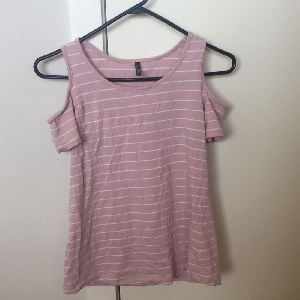 pink and white striped, shoulder cut-out shirt